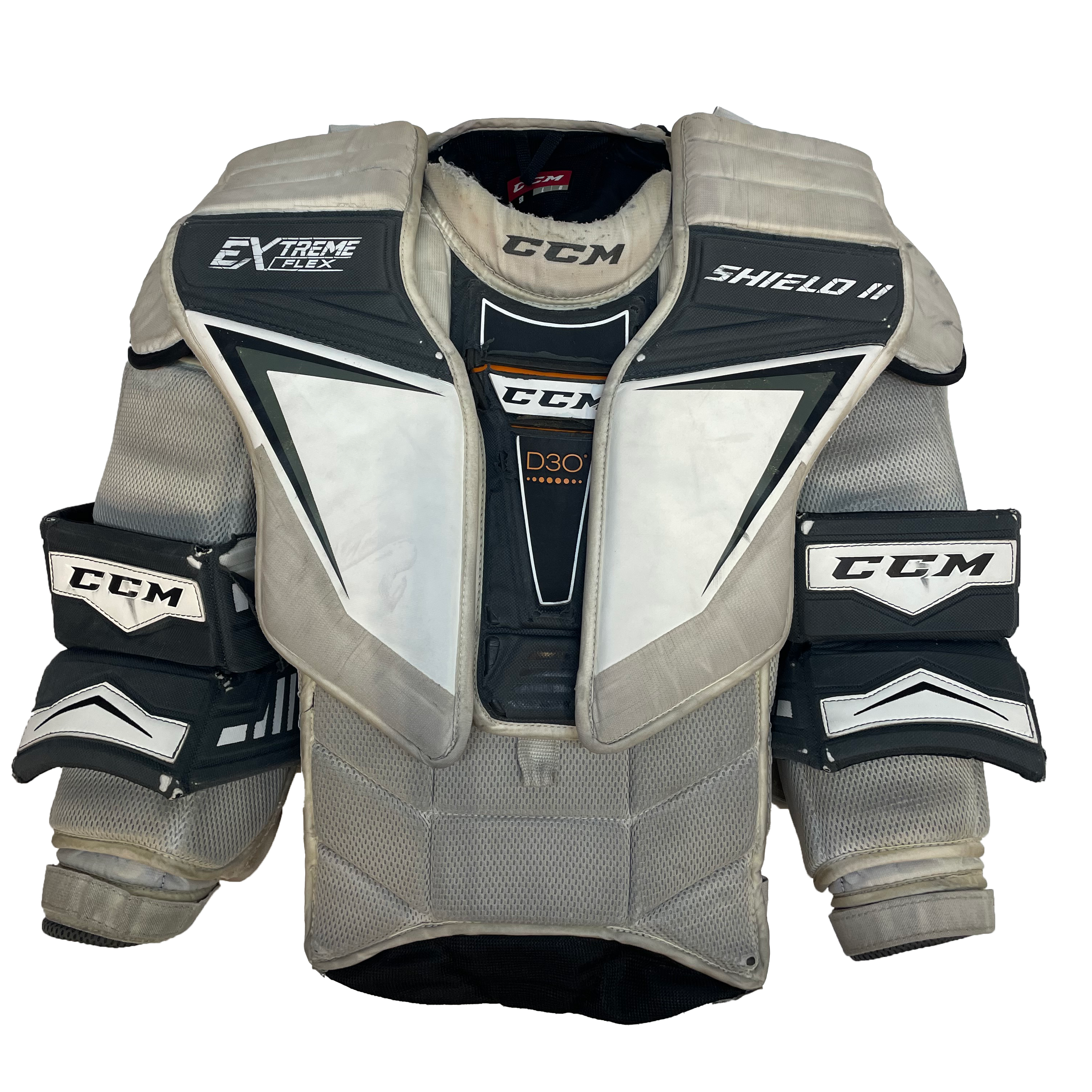 CCM Extreme Flex Shield II - Plastron de gardien de but Pro Stock d'occasion (gris/blanc)